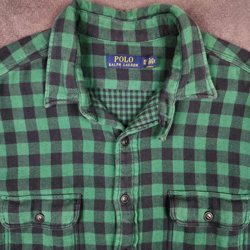 Polo Ralph Lauren Flannel Shirt Mens XL Green Black Buffalo Check Double Faced